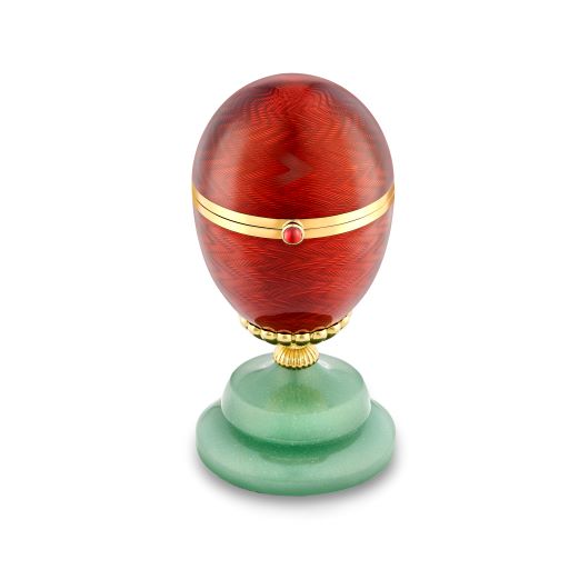 Limited-Edition 18k Yellow Gold Red Guilloché Enamel Egg Objet with Wild Strawberry Surprise