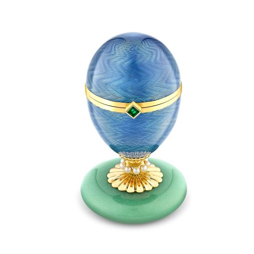 Limited-Edition 18k Yellow Gold Blue Guilloché Enamel Egg Objet with Water Lily Surprise