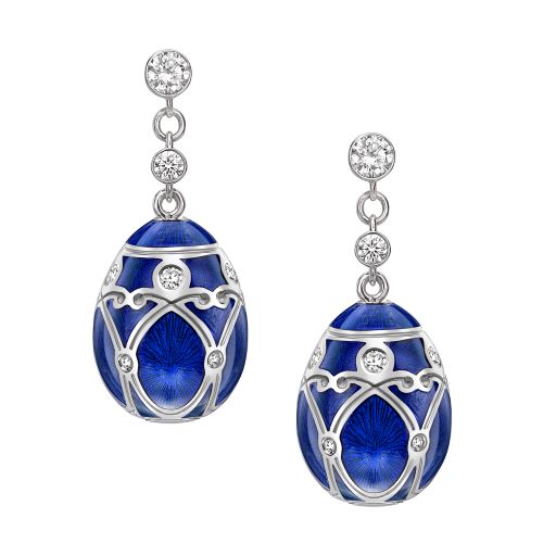 Heritage Palais White Gold Diamond & Royal Blue Guilloché Enamel Egg Drop Earrings